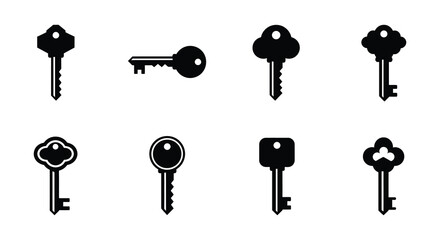 Set of Eight Different Keys in Black and White Vector Illustration