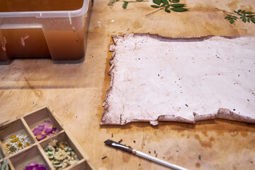 A creative botanical project featuring pressed and dried flowers, handmade paper, and artistic...
