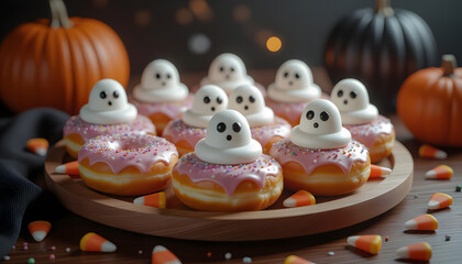 Festive Halloween treats featuring cute spooky ghost doughnuts with pink icing, served on a wooden plate with pumpkins and candy corn