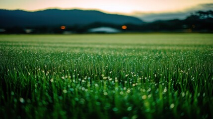 Lush green meadow with dewdrops glistening on vibrant grass blades,