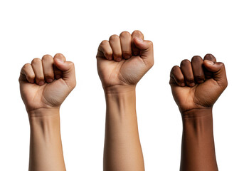 Three raised fists in solidarity, symbolizing unity, strength, and the fight for justice and equality, isolated on transparent background