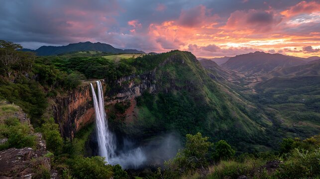 Majestic waterfall cascades down lush green mountainside during dramatic sunset sky