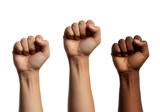 Three raised fists in solidarity, symbolizing unity, strength, and the fight for justice and equality, isolated on transparent background