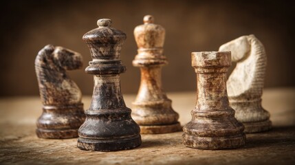 A set of chess pieces in the foreground with wooden surfaces and varying shades of brown, strategic game, classic board,
