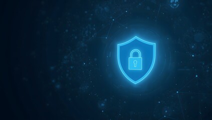 Cybersecurity shield lock for data protection with glowing network connections, digital security concept