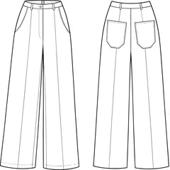 Women’s high-waisted wide leg pants with front pleats, side pockets, back patch pockets, belt loops, vector CAD flat sketch illustration