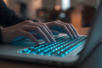 Hands typing on illuminated laptop keyboard for modern tech, coding, or digital lifestyle concepts