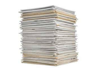 A tall stack of papers, documents, and files isolated on transparent background