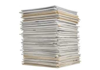 A tall stack of papers, documents, and files isolated on transparent background