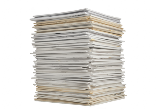 A tall stack of papers, documents, and files isolated on transparent background