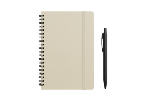 A beige spiralbound notebook with a black pen, isolated on a transparent background, representing writing and study tools