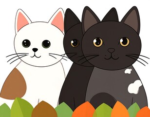 Obraz premium Two cute cats, one white with spots, one black, in autumn leaves