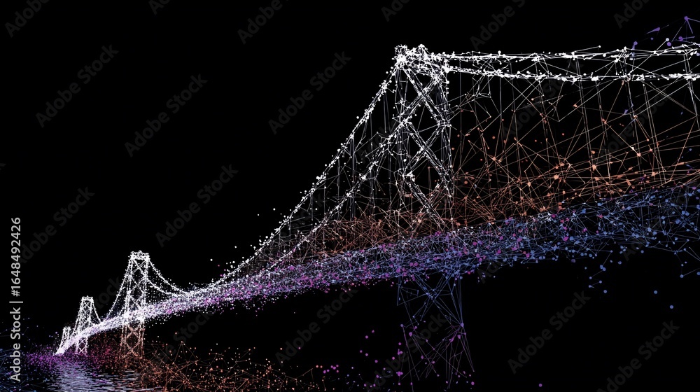 Poster abstract digital bridge made of points connected by lines on black