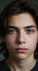 Portrait of a youth with captivating blue eyes against soft neutral backdrop