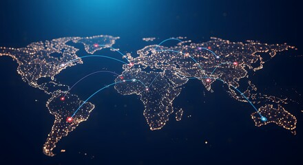 Global connections are visualized beautifully with location pins on a modern glowing world map networkvvvvvvvvvvvv