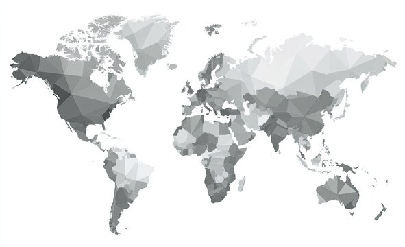 Gray polygon world map.  A grayscale world map with countries rendered as polygonal shapes.  A shaded gradient effect suggests variations in elevation or data across the map.  Simple and clean design