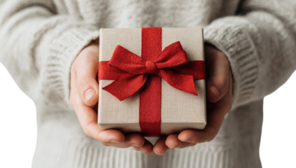 Hands holding a small, light beige gift box with a red ribbon and bow