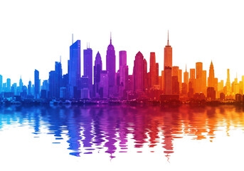 Naklejka premium Vibrant and colorful cityscape skyline with modern skyscrapers and buildings reflecting in the water, isolated on transparent background