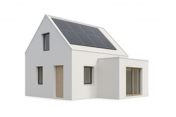 Modern white house with solar panels on the roof, promoting renewable energy and sustainable living, isolated on transparent background