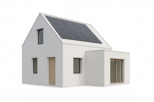 Modern white house with solar panels on the roof, promoting renewable energy and sustainable living, isolated on transparent background