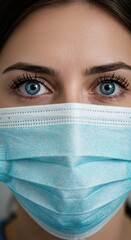 Intense gaze of a woman wearing a protective face mask amidst ongoing health concerns