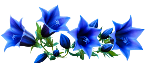 Collection of Vibrant Blue Bellflowers with Green Stems and Buds on White, cut out transparent