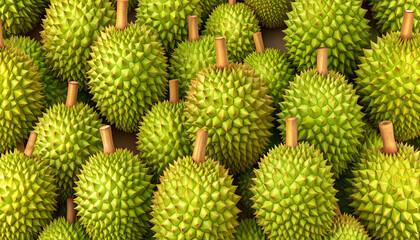 Close-up shot of a pile of fresh, spiky durian fruits, showcasing their vibrant green color and unique texture.