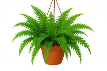 Obraz premium Verdant fern cascading from terracotta pot, spilling lush fronds against clean backdrop, highlighting botanical elegance