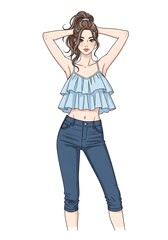 Fototapeta premium Stylish young woman with brown hair tied up, wearing a blue ruffled crop top and denim jeans, posing confidently, isolated on white background
