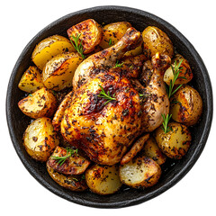 Top view of a delicious looking baked chicken with potatoes on a dark stone dish isolated on a white transparent background