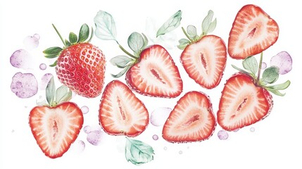 Sliced strawberries tumbling through light beams, natural textures highlighted, suitable for healthy snack promotions