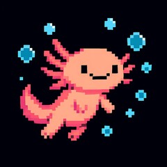 Fototapeta premium Pixel Art Cute Pink Dragon with Blue Bubbles on Dark Background