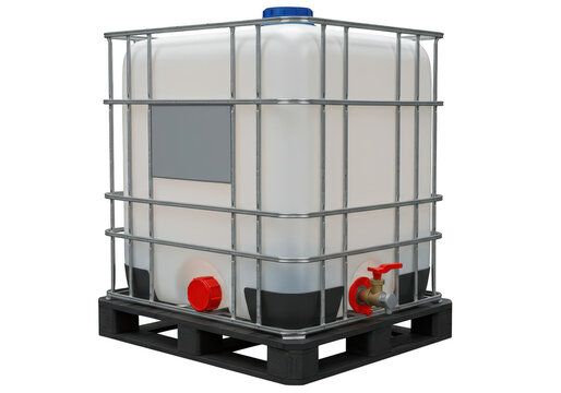 Large white plastic intermediate bulk container ibc with metal cage and pallet, isolated on transparent background
