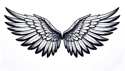 Fototapeta premium Detailed grayscale illustration of a pair of large, feathered angel wings.