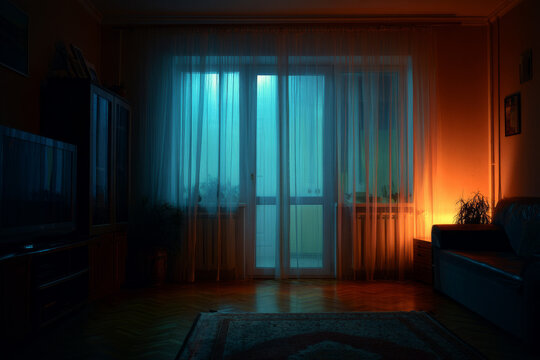 Night in a living room with curtains closed A home assistant dims the lights and locks the doors