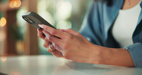 Typing, phone and search with hands of woman for social media, communication and networking app....