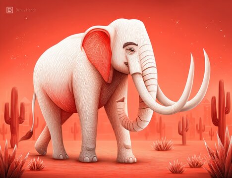 White elephant in a red desert, stylized illustration