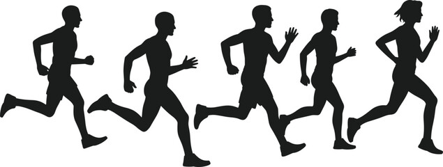 Running athlete silhouette in motion, group of men jogging, sports activity vector, fitness training illustration for exercise, marathon and competition design