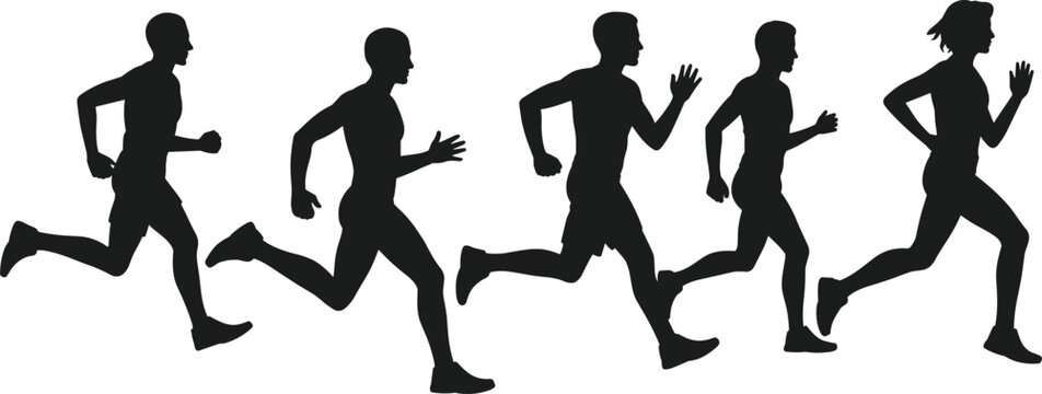 Running athlete silhouette in motion, group of men jogging, sports activity vector, fitness training illustration for exercise, marathon and competition design