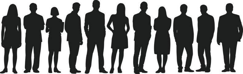 Silhouette of business people in standing poses, corporate team vector illustration, professional group outline for office, teamwork, career, and leadership conce