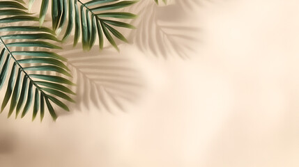 Obraz premium Minimalist Tropical Palm Leaf Shadow Casting Background, Light Beige Backdrop. Ai Generated Images