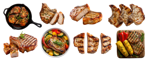 Set of pork chop meat steak, barbecue grilled bake fry, loin cut, wooden board skillet pan bowl, sauce, bone-in boneless, slice cube stack isolated on transparent cutout PNG. Mockup template
