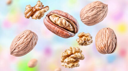 Scattered walnuts mid-air, earthy tones emphasized with precise lighting, sophisticated look for nut-based snacks