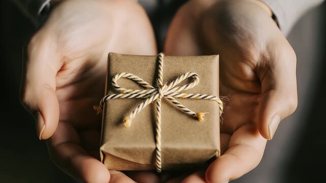Person holding a small wrapped gift box with string tied in a bow offering the present