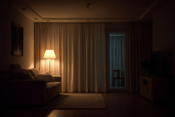 Night in a living room with curtains closed A home assistant dims the lights and locks the doors
