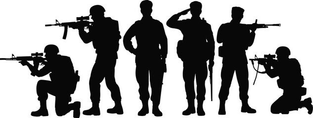 Soldier silhouette with rifles in action poses, military team vector illustration, army combat design for defense, war, security, and tactical operations