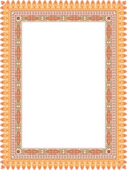 Elegant vertical decorative frame with an intricate traditional pattern in warm colors. Ornate border for certificates, diplomas, or invitations.