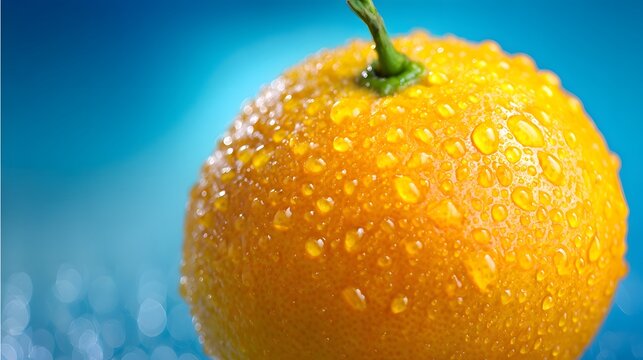 Close-up view of a citrus fruit covered in water droplets.