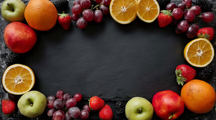 Fresh Healthy Fruits Arrangement on Dark Slate Board as Background Food. Ai Generated Images