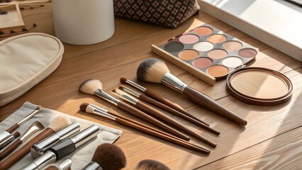 Collection of makeup brushes and eyeshadow palette on a wooden surface